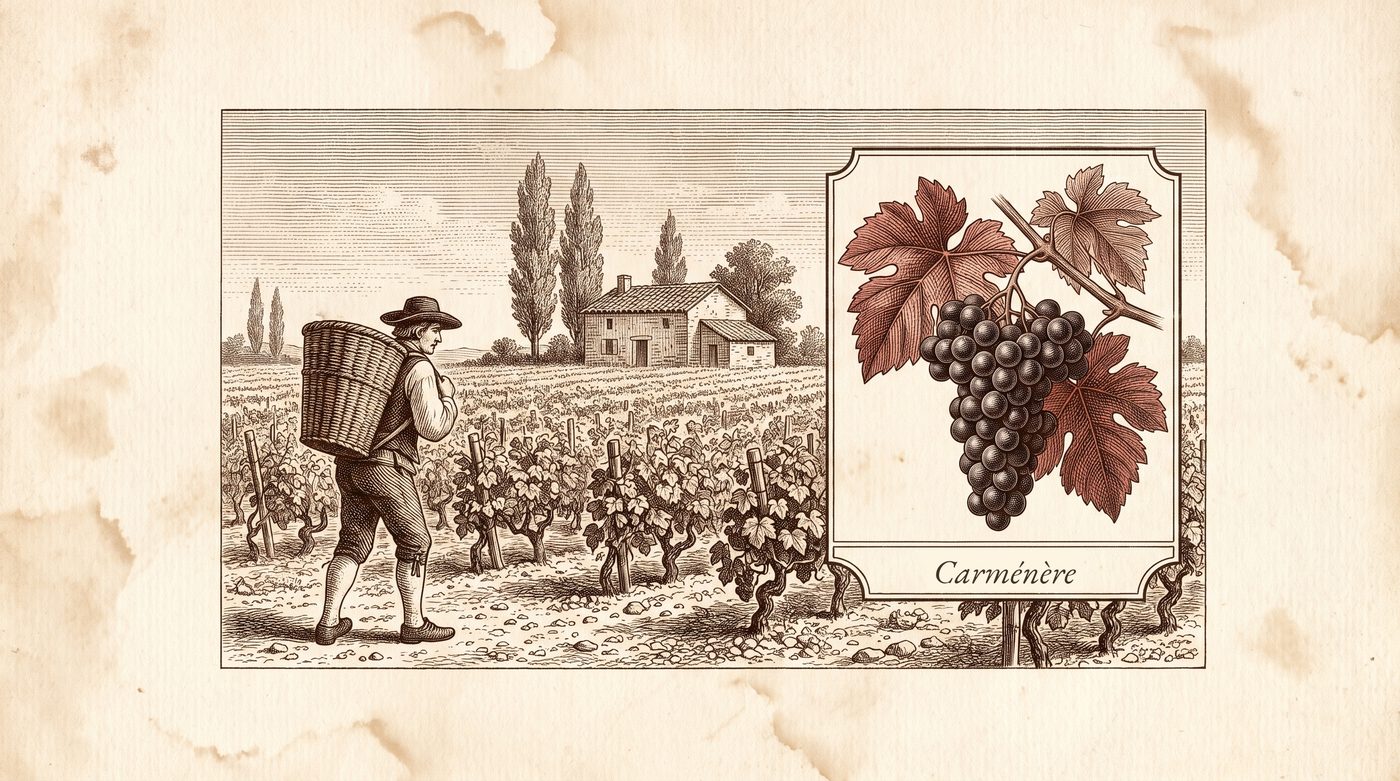 An engraving-style illustration of an eighteenth-century Médoc vineyard with a Carménère cluster